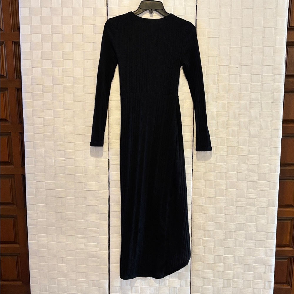 Black Ribbed Wrap-Style Dress - Picture 3 of 4